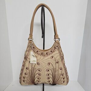 Prezzo Shoulder Bag Beige Beaded Boho Retro Canvas Faux Leather NWT